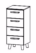Schubkommode mit 4 Schubkästen - Füße und Griffe Wildeiche massiv - Breite 40 cm /  Höhe 90 cm / Tiefe 42 cm