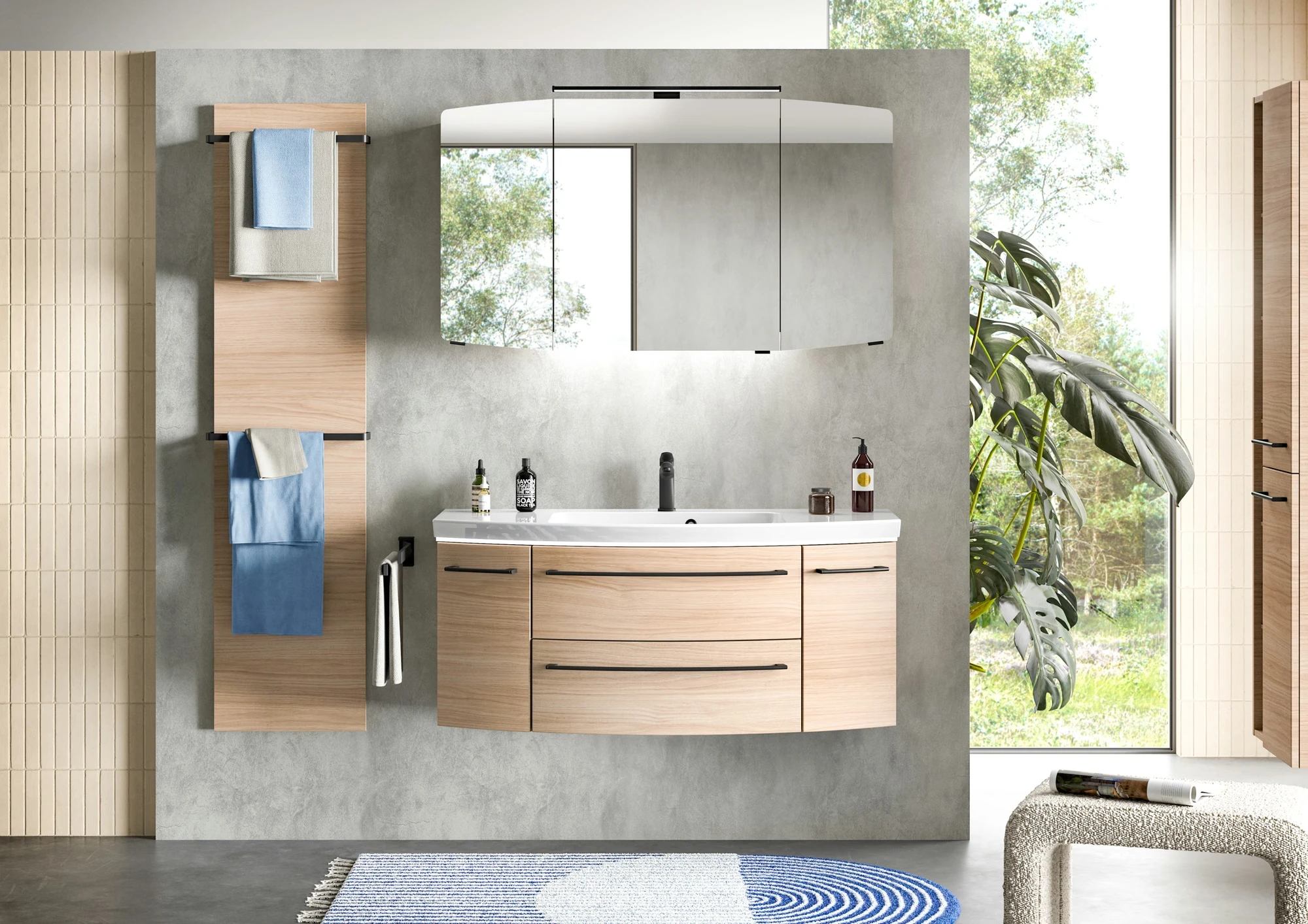 Pelipal Cassca Set in Tropea Eiche mit Mineralmarmorwaschtisch und Spiegelschrank - 120 cm