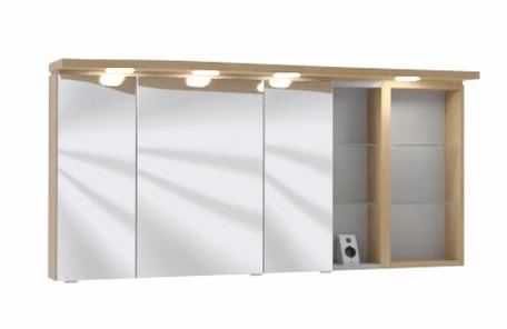 Spiegelschrank 140 cm SET41143R, Spiegelschrank S2A 4390 13: 3 Spiegeldrehtüren auf Trägerplatte, 2 Mittelwände, 6 Glasfachböden, 1 Schalter-Steckdosen-Element, inkl. Converter 30 Watt Regal RG 435B: 2 beleuchtete Glasfachböden, 2x2 Watt Gesimsboden GS1 4