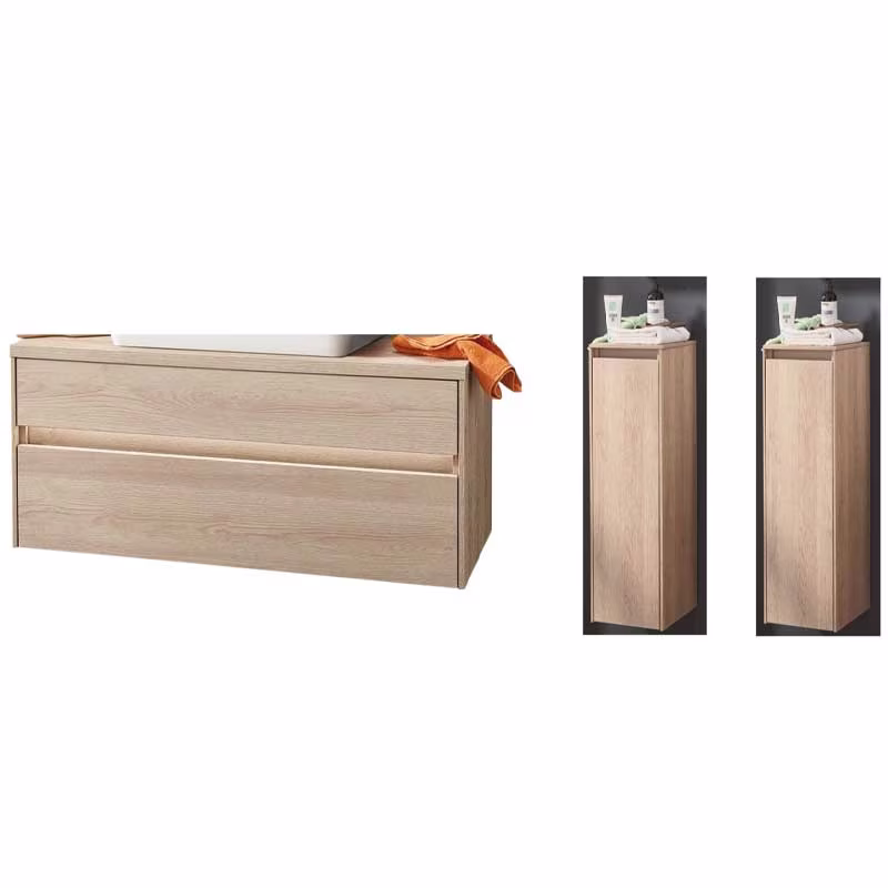 Puris Unique Waschtischunterschrank Eiche 102 cm - Set mit 2 x Highboard - Sonderpreis - sofort lief