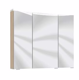 Spiegelschrank 70 cm S2A437S3, 1 LED-Flächenleuchte, 3 Spiegeltüren auf Trägerplatte, 2 Mittelwände, 6 Glasfachböden, 1 Schalter-Steckdosenelement, ohne Facettenschliff, Energieeffizienzklasse: A, B/H/T: 70x65x15 cm