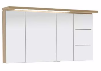 Spiegelschrank-Set 120 cm SET40122R, Spiegelschrank S2A 4390 1D: 3 Doppelspiegeltüren, 2 Mittelwände, 6 Glasfachböden, 1 Schalter-Steckdosen-Element Spiegelschrank S2A 433B 1D R: 1 Doppelspiegeltür, 2 sandgestrahlte LED-Lichtfenster, 2 beleuchtete Glasfac