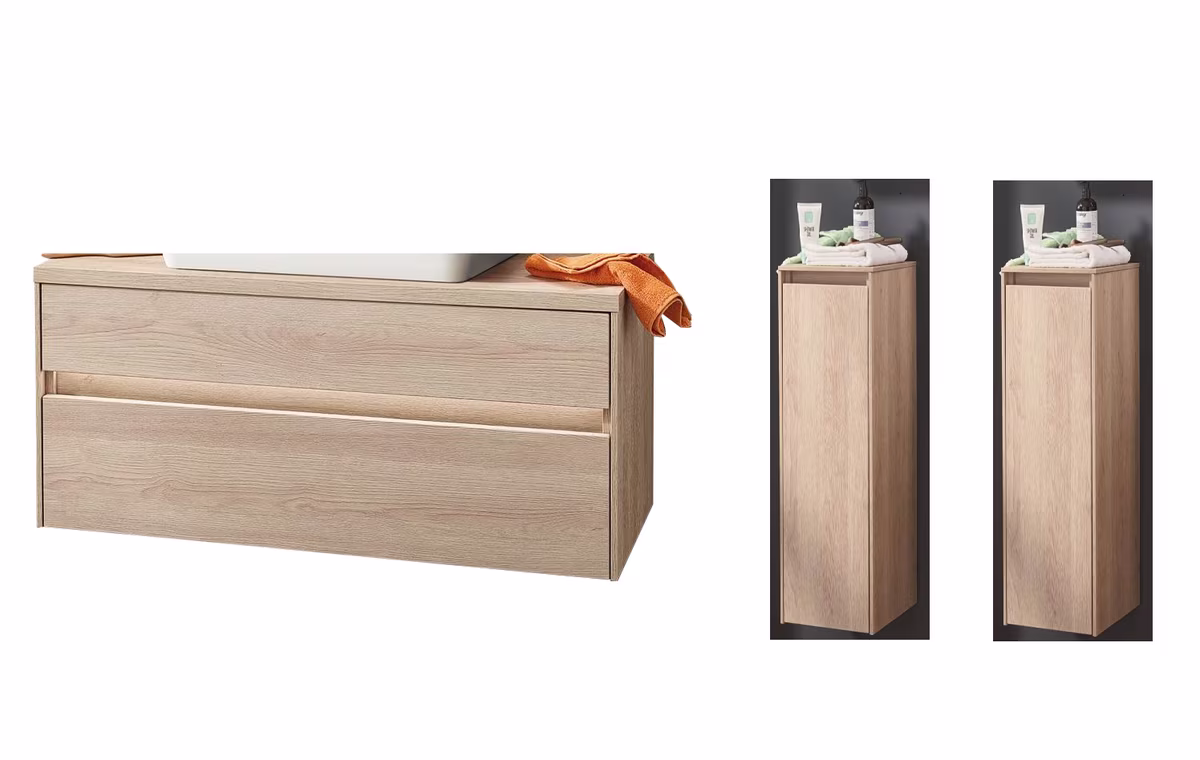 Puris Unique Waschtischunterschrank Eiche 102 cm - Set mit 2 x Highboard - Sonderpreis - sofort lief