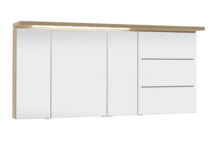 Spiegelschrank-Set 140 cm SET40142R, Spiegelschrank S2A 4390 1D: 3 Doppelspiegeltüren, 2 Mittelwände, 6 Glasfachböden, 1 Schalter-Steckdosen-Element Spiegelschrank S2A 435B 1D R: 1 Doppelspiegeltür, 2 sandgestrahlte LED-Lichtfenster, 2 beleuchtete Glasfac