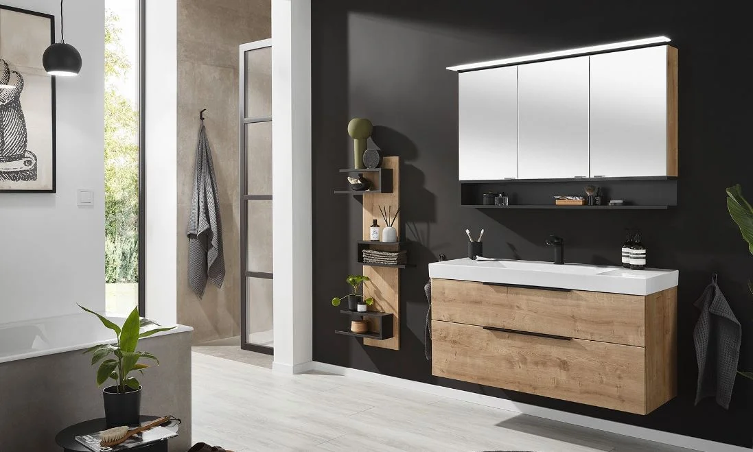 Puris c!mano Badmöbel Set - 120 cm Becken mittig – Spiegelschrank wählbar