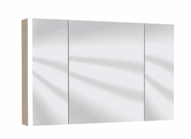 Spiegelschrank 100 cm S2A431079, 3 Spiegeldrehtüren auf Trägerplatte, 2 Mittelwände, 3 Glasfachböden, 2 seitliche LED-Beleuchtungsprofile 2x6 Watt / Converter, 1 Schalter-Steckdosen-Element, Breite: 100 cm / Höhe: 64 cm / Tiefe: 15 cm