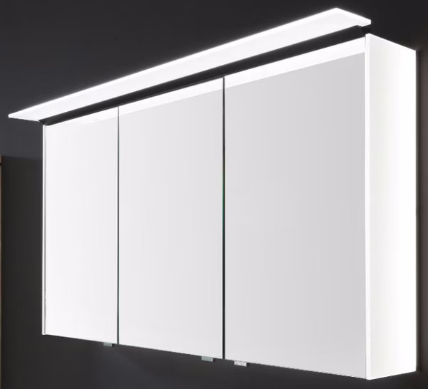 S2A441207 Spiegelschrank Serie C, 3 Doppelspiegeltüren, 2 seitliche Flächenleuchten, OHNE Aufsatzleuchte, inkl. Schalter und Steckdose - 15x122x64 cm