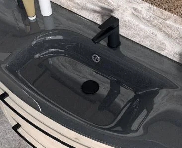 Glas-Waschtisch in grau-metallic (gm) - mit Armatur Bohrung und integriertem Überlauf