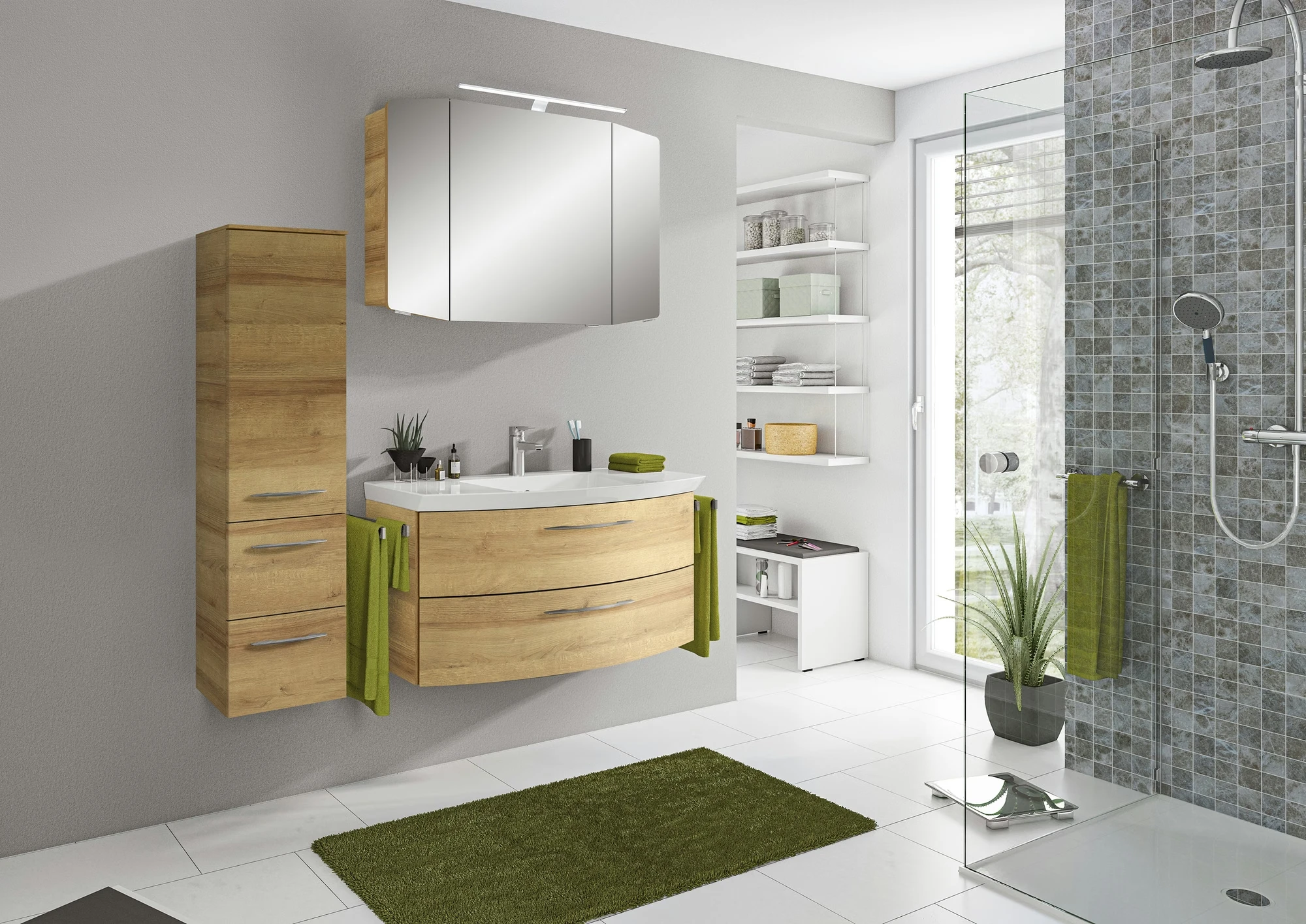 Pelipal Cassca Set in Riviera Eiche mit Mineralmarmorwaschtisch und Spiegelschrank - 100 cm