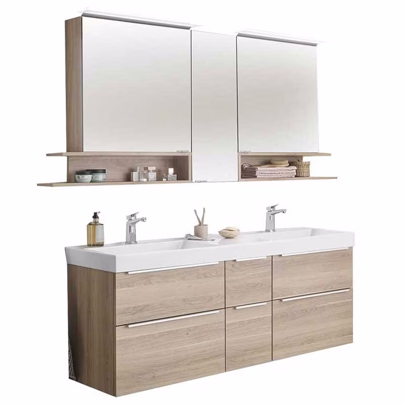 Puris c!mano Badmöbel Set - 152 cm Doppelwaschtisch & Spiegelschrank