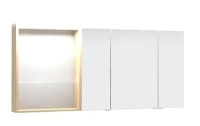 Spiegelschrank 140 cm SET41146L,bestehend aus Spiegelschrank (S2A 4390 1D) 3 Doppelspiegeltüren 2 Mittelwände, 6 Glasfachböden 1 Schalter-Steckdosen-Element bestehend aus Regal (RG 435B) 2 beleuchtete Glasfachböden 2 x 1 Watt 2 x 36 Lumen / (3000 -) 6500