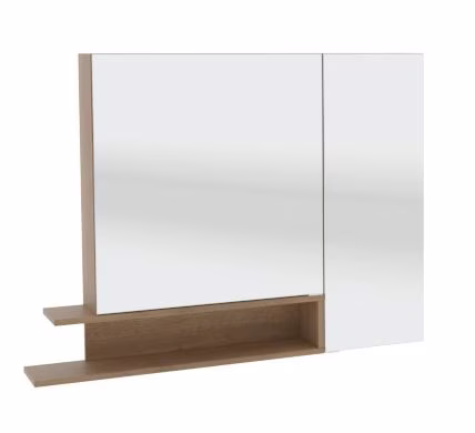 SET539LRU Spiegelschrank, 2 Doppelspiegeltüren, 4 Glasböden, 1 Mittelwand, Schalter und Steckdose, Regal überstehend seitlich geöffnet links, hohe Spiegeltüre rechts - Maße: 15x105x80 cm