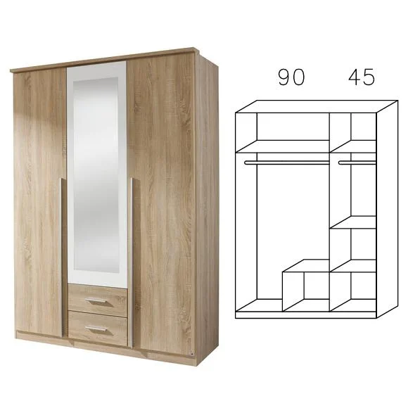 0854 Kombischrank , Breite 136 cm, 3-türig, 2 Schubladen, Spiegel