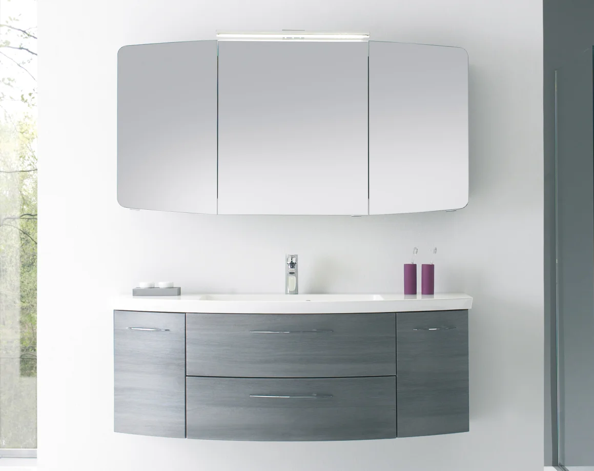 Calmo Badmöbelset 120 cm breit Grau - Waschtisch, Waschtischunterschrank, Spiegelschrank
