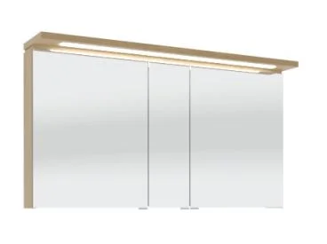 Spiegelschrank 120 cm S2A431215 - für Doppelwaschtisch-Lösung, 3 Doppelspiegeltüren, 2 Mittelwände, 6 Glasfachböden, 1 Schalter-Steckdosen-Element, 1 Gesimsboden mit LED Beleuchtung, 2 x 4,6 Watt / Converter 15 Watt, für Doppelwaschtisch Lösung, Energieef