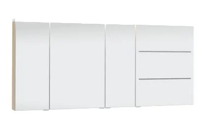 Spiegelschrank 140 cm SET40146R, bestehend aus Spiegelschrank (S2A 4390 1D) 3 Doppelspiegeltüren 2 Mittelwände, 6 Glasfachböden 1 Schalter-Steckdosen-Element bestehend aus Spiegelschrank (S2A 435B 1D L) 1 Doppelspiegeltür 2 sandgestrahlte LED-Lichtfenster