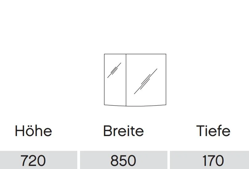 SEAE00185 Spiegelschrank mit 2 Drehtüren - einfach verspiegelt / 2 Drehtüren - einfach verspiegelt, 2 Glaseinlegeböden, große Türe rechts, optional mit Aufsatzleuchte und Waschplatzbeleuchtung erhältlich, 72 cm hoch / 85 cm breit / 17 cm tief