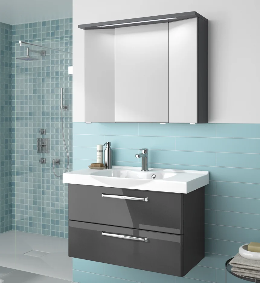 Aquarell Badmöbelset Anthrazit 90 cm breit - Waschtisch, Unterschrank, Spiegelschrank