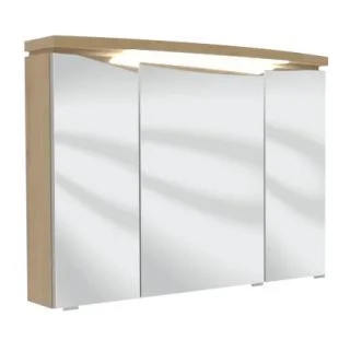 Spiegelschrank 90 cm S2A439S2, 1 Gesimsboden mit LED-Beleuchtung,3 Spiegeltüren auf Trägerplatte, 2 Mittelwände, 6 Glasfachböden, 1 Schalter-Steckdosenelement, ohne Facettenschliff, B/H/T: 90x65,6x15 cm