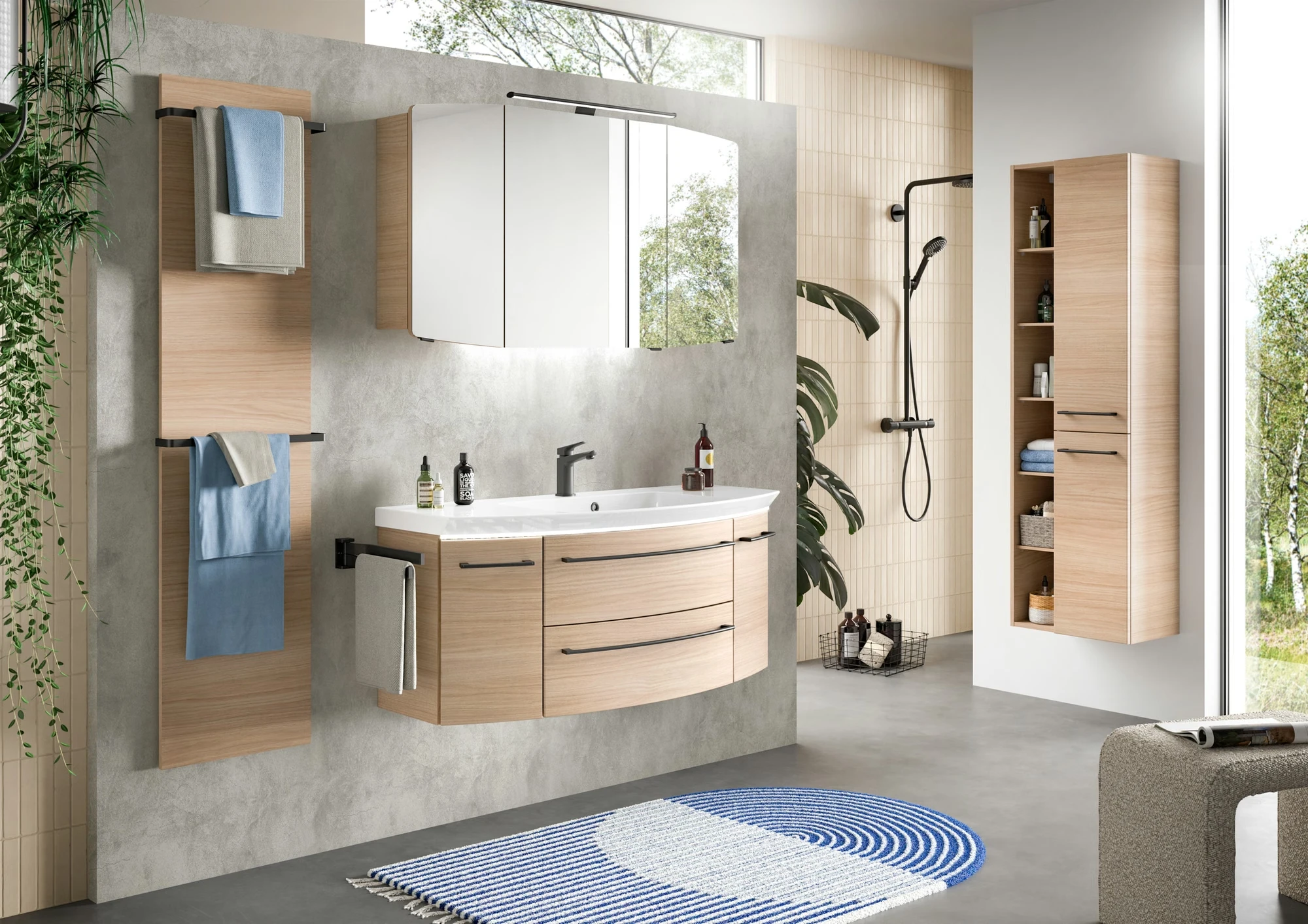 Pelipal Cassca Set in Tropea Eiche mit Mineralmarmorwaschtisch und Spiegelschrank - 120 cm