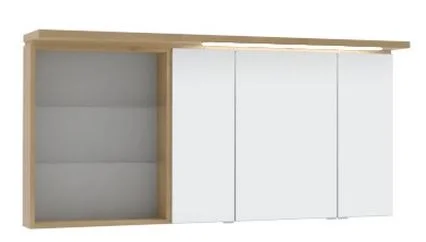 Spiegelschrank 140 cm SET41142L, Spiegelschrank S2A43901D: 3 Doppelspiegeltüren, 2 Mittelwände, 6 Glasfachböden, 1 Schalter-Steckdosen-Element Regal RG 435B: 2 beleuchtete Glasfachböden, 2x2 Watt / Converter 30 Watt Gesimsboden GS1 4114 BL: LED-Beleuchtun