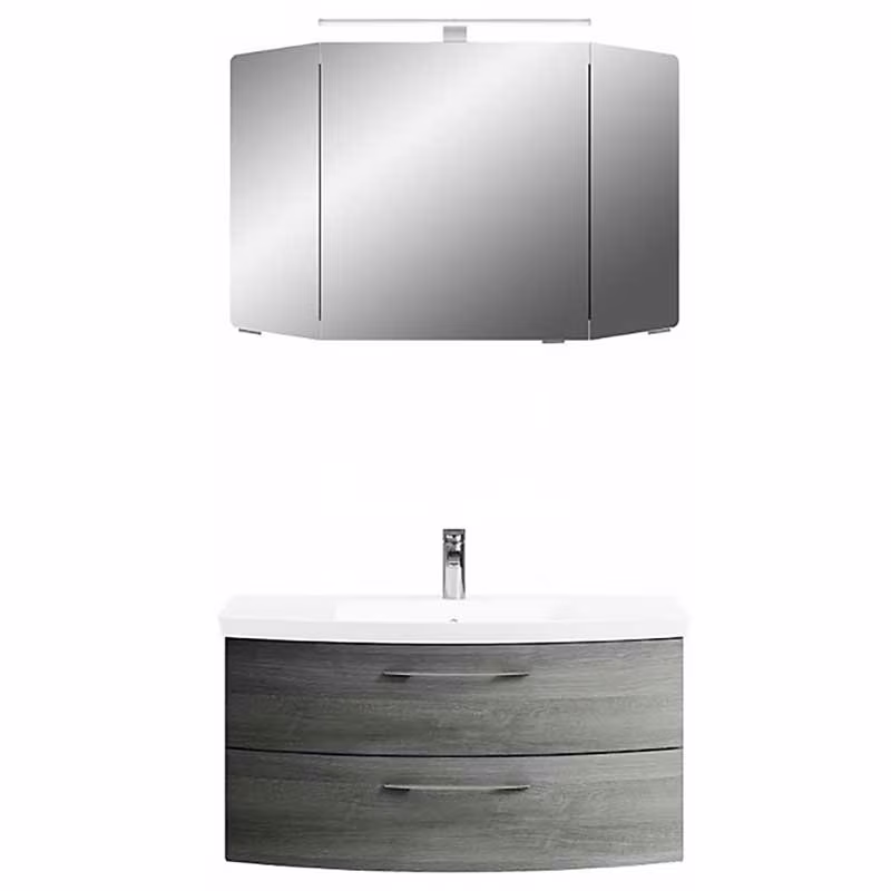 Pelipal Cassca Set in Sangallo Grau mit Mineralmarmorwaschtisch und Spiegelschrank - 100 cm