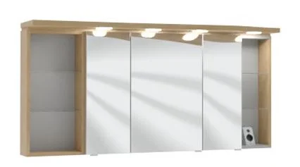 Spiegelschrank 140 cm SET41143L, Spiegelschrank S2A 4390 13: 3 Spiegeldrehtüren auf Trägerplatte, 2 Mittelwände, 6 Glasfachböden, 1 Schalter-Steckdosen-Element, inkl. Converter 30 Watt Regal RG 435B: 2 beleuchtete Glasfachböden, 2x2 Watt Gesimsboden GS1 4