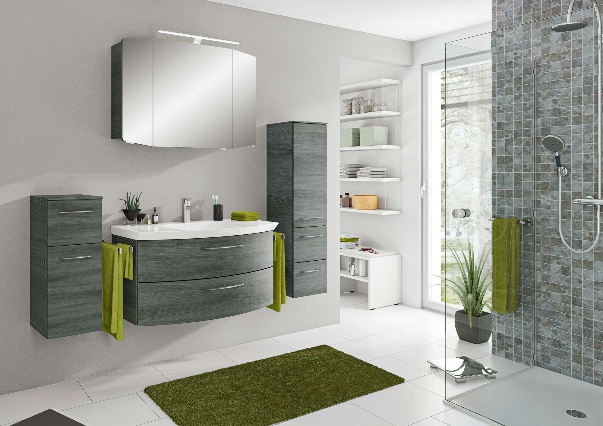 Pelipal Cassca Set in Sangallo Grau mit Mineralmarmorwaschtisch und Spiegelschrank - 100 cm