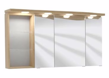 Spiegelschrank 120 cm SET41123L, Spiegelschrank S2A 4390 13: 3 Spiegeldrehtüren auf Trägerplatte, 2 Mittelwände, 6 Glasfachböden, 1 Schalter-Steckdosen-Element, inkl. Converter 30 Watt Regal RG 433B, 2 bleuchtete Glasfachböden, 2x1 Watt Gesimsboden GS1 42