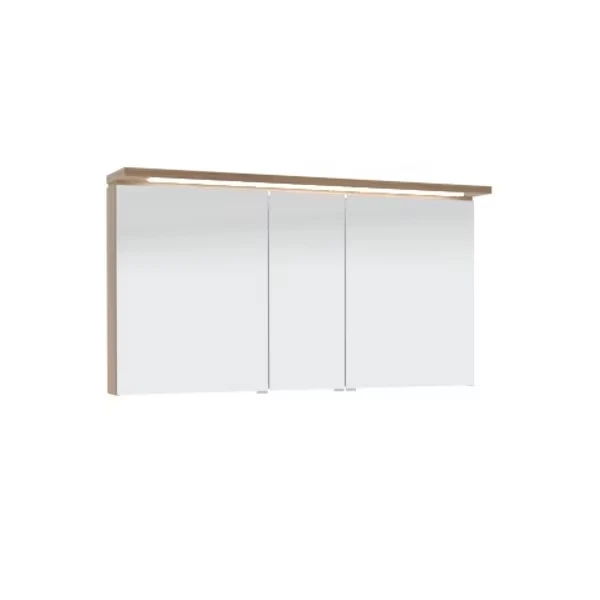 Spiegelschrank 140 cm S2A431415 - für Doppelwaschtisch-Lösung, 3 Doppelspiegeltüren, 2 Mittelwände, 6 Glasfachböden, 1 Schalter-Steckdosen-Element, 1 Gesimsboden mit LED Beleuchtung, 2 x 5,6 Watt / Converter 30 Watt, für Doppelwaschtisch Lösung, Energieef