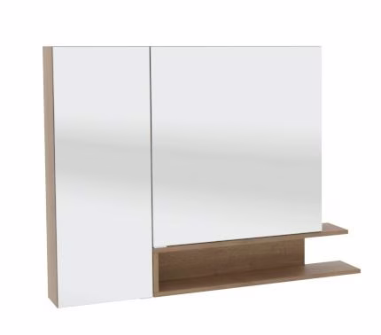 SET539RRU Spiegelschrank, 2 Doppelspiegeltüren, 4 Glasböden, 1 Mittelwand, Schalter und Steckdose, Regal überstehend seitlich geöffnet rechts, hohe Spiegeltüre links - Maße: 15x105x80 cm