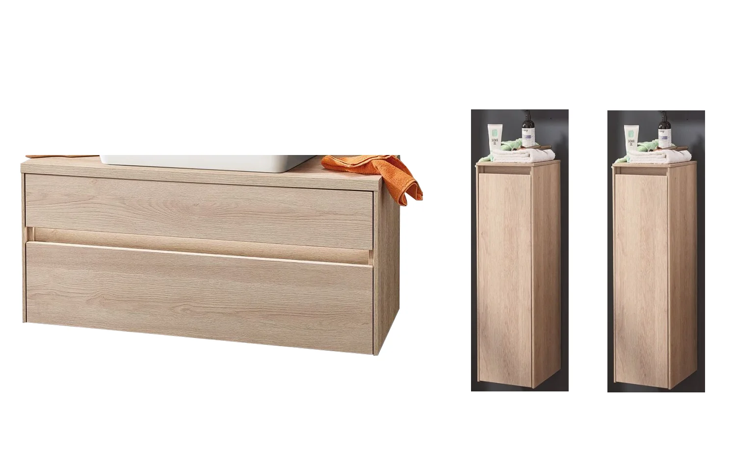 Puris Unique Waschtischunterschrank Eiche 102 cm - Set mit 2 x Highboard - Sonderpreis - sofort lief