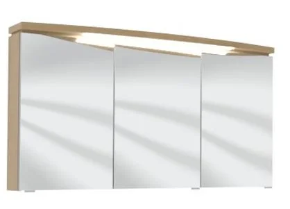 Spiegelschrank 120 cm S2A432S2, 1 Gesimsboden mit LED-Beleuchtung, 3 Spiegeltüren auf Trägerplatte, 2 Mittelwände, 6 Glasfachböden, 1 Schalter-Steckdosenelement, ohne Facettenschliff, Energieeffizienzklasse: A, B/H/T: 120x65,6x15 cm