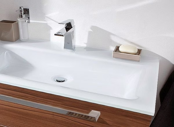 Glaswaschtisch - Nr. 82 Optiwhite mit 2 Hahnlöcher