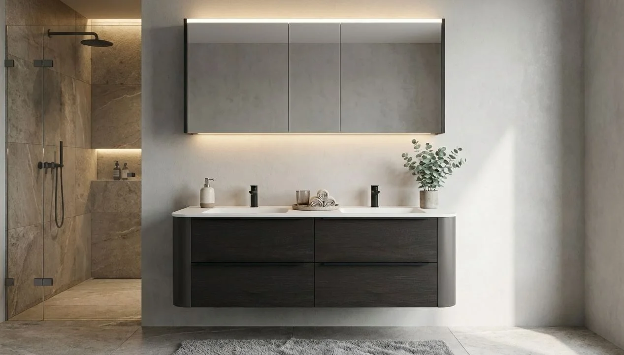 Puris Veluna Badmöbelset mit Doppelwaschtisch und Spiegelschrank - 150 cm - Ansicht 8