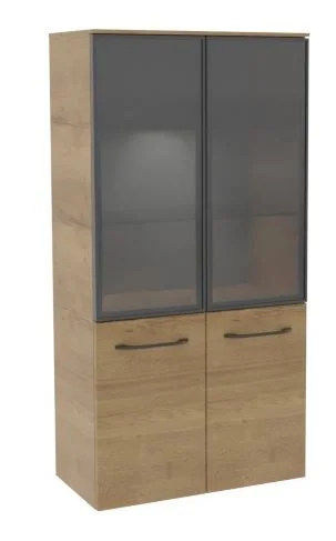 MCV516033 Vitrinen Midischrank, 2 Rauchglastüren schwarz, 2 Drehtüren, 3 Glasböden, inkl. LED Spor und Touchschalter, mit Abdeckplatte - Maße: 119x60x33 cm
