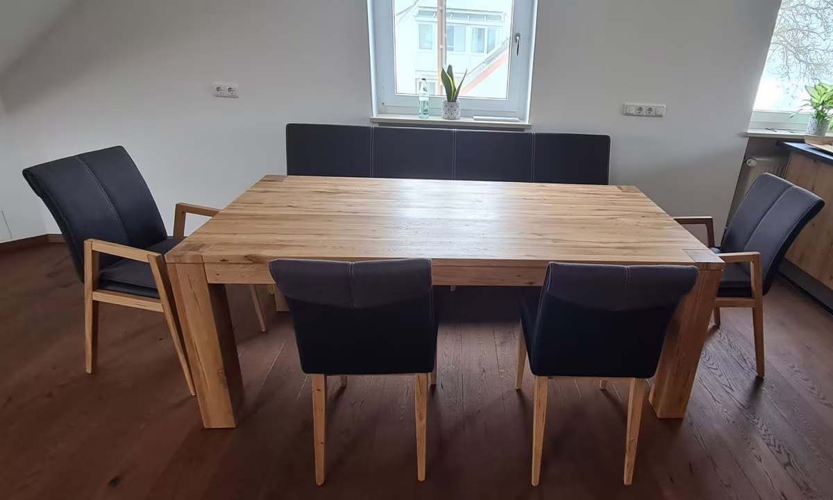 Dudinger Esszimmergruppe - Wildeiche natur geölt mit Crushed Oak Optik und Auszug 100 cm