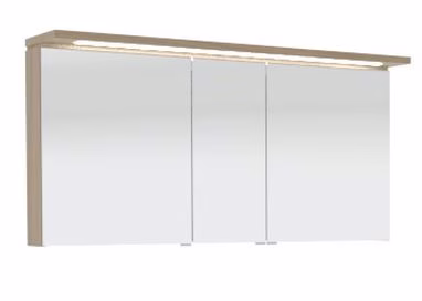 Spiegelschrank 140 cm S2A431415 - für Doppelwaschtisch-Lösung, 3 Doppelspiegeltüren, 2 Mittelwände, 6 Glasfachböden, 1 Schalter-Steckdosen-Element, 1 Gesimsboden mit LED Beleuchtung, 2 x 5,6 Watt / Converter 30 Watt, für Doppelwaschtisch Lösung, Energieef