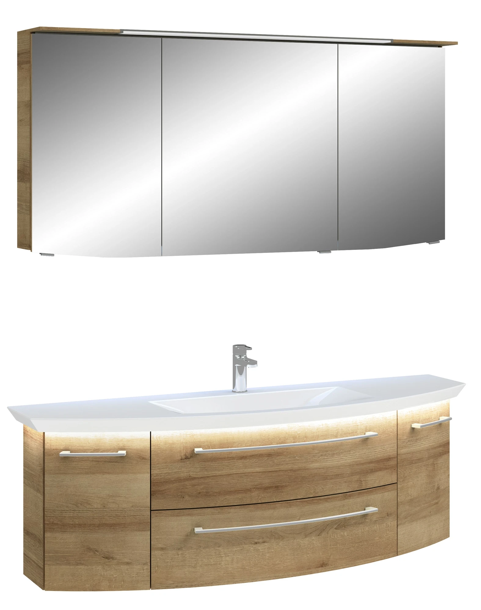 Pelipal Cassca Set in Riviera Eiche mit Mineralmarmorwaschtisch und Spiegelschrank - 140 cm
