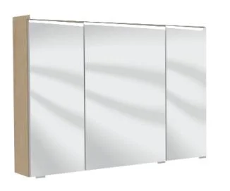 Spiegelschrank 90 cm S2A439S6, 1 Gesimsboden mit LED-Beleuchtung, 3 Spiegeltüren auf Trägerplatte, 2 Mittelwände, 6 Glasfachböden, 1 Schalter-Steckdosenelement, ohne Facettenschliff - Maße: 15x90x65,6 cm