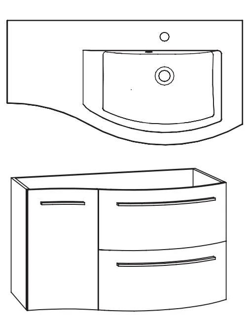 Spiegelverkehrt - Waschtisch rechtsseitig, Ablage links / Waschtischunterschrank mit Türe links / Spiegelschrank - kleine Türe links
