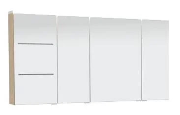 Spiegelschrank 120 cm SET40126L- 3 Doppelspiegeltüren, 6 Glasböden, 1 Schalter / Steckdosenelement,1 Doppelspiegeltür mit LED Lichtfenster, 2 beleuchtete Glasböden,  LED Flächenleuchte - Maße: 150x120x66 cm