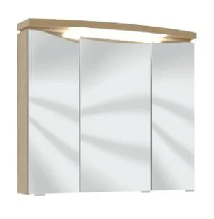 Spiegelschrank 70 cm S2A437S2, 1 Gesimsboden mit LED-Beleuchtung, 3 Spiegeltüren auf Trägerplatte, 2 Mittelwände, 3 Glasfachböden, 1 Schalter-Steckdosenelement, ohne Facettenschliff, Energieeffizienzklasse: A, B/H/T: 70x65,6x15 cm