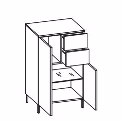 312.016051 Highboard / 2 Drehtüren / 2 Schubkästen / 1 Einlegeboden / Abdeckplatte / 4 Füße Chrom Glanz