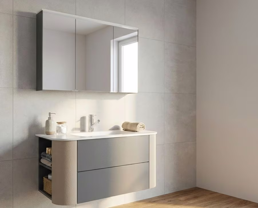 Puris Veluna Badmöbelset mit Stonepluswaschtisch und Spiegelschrank - 100 cm