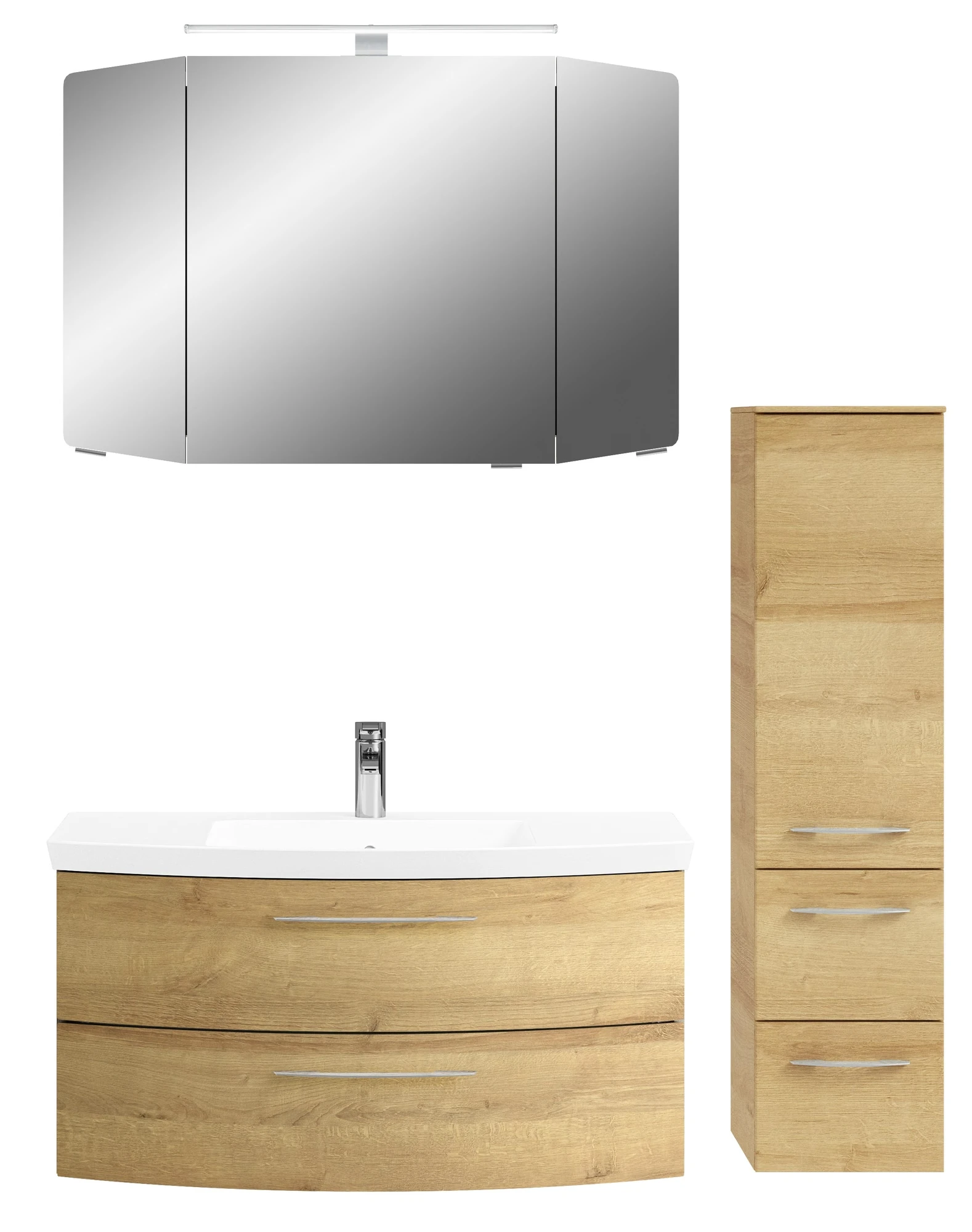 Pelipal Cassca Set in Riviera Eiche mit Mineralmarmorwaschtisch und Spiegelschrank - 100 cm