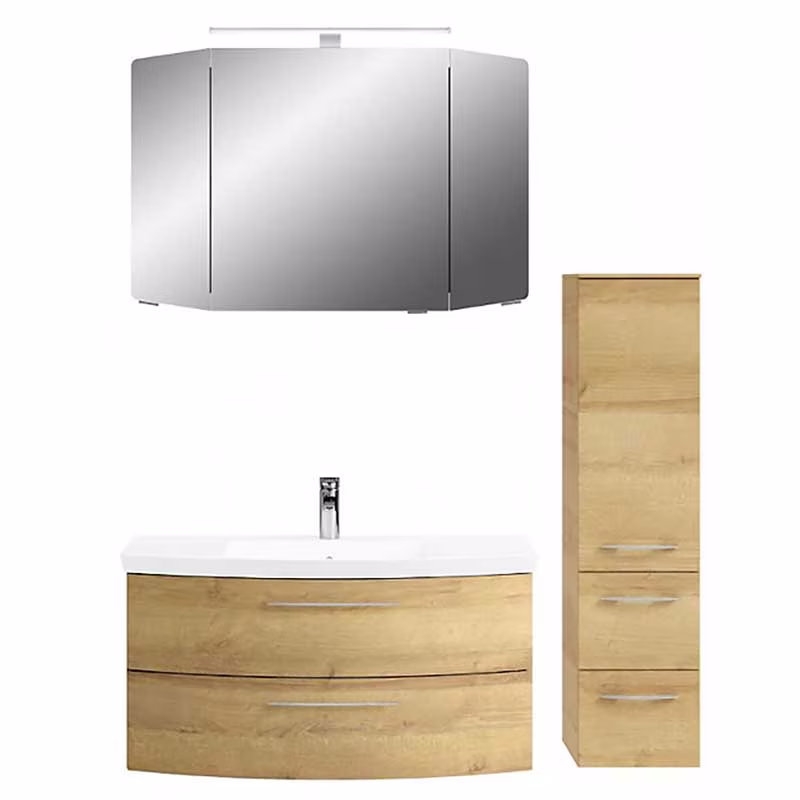 Pelipal Cassca Set in Riviera Eiche mit Mineralmarmorwaschtisch und Spiegelschrank - 100 cm