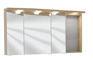 Spiegelschrank 120 cm SET41123R, Spiegelschrank S2A 4390 13: 3 Spiegeldrehtüren auf Trägerplatte, 2 Mittelwände, 6 Glasfachböden, 1 Schalter-Steckdosen-Element, inkl. Converter 30 Watt Regal RG 433B: 2 bleuchtete Glasfachböden, 2x1 Watt Gesimsboden GS1 42