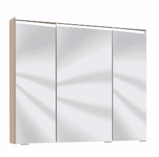 Spiegelschrank 70 cm S2A437S6 1 Gesimsboden mit LED-Beleuchtung,3 Spiegeltüren auf Trägerplatte, 2 Mittelwände, 6 Glasfachböden, 1 Schalter-Steckdosenelement, Maße: 15x70x65,6 cm