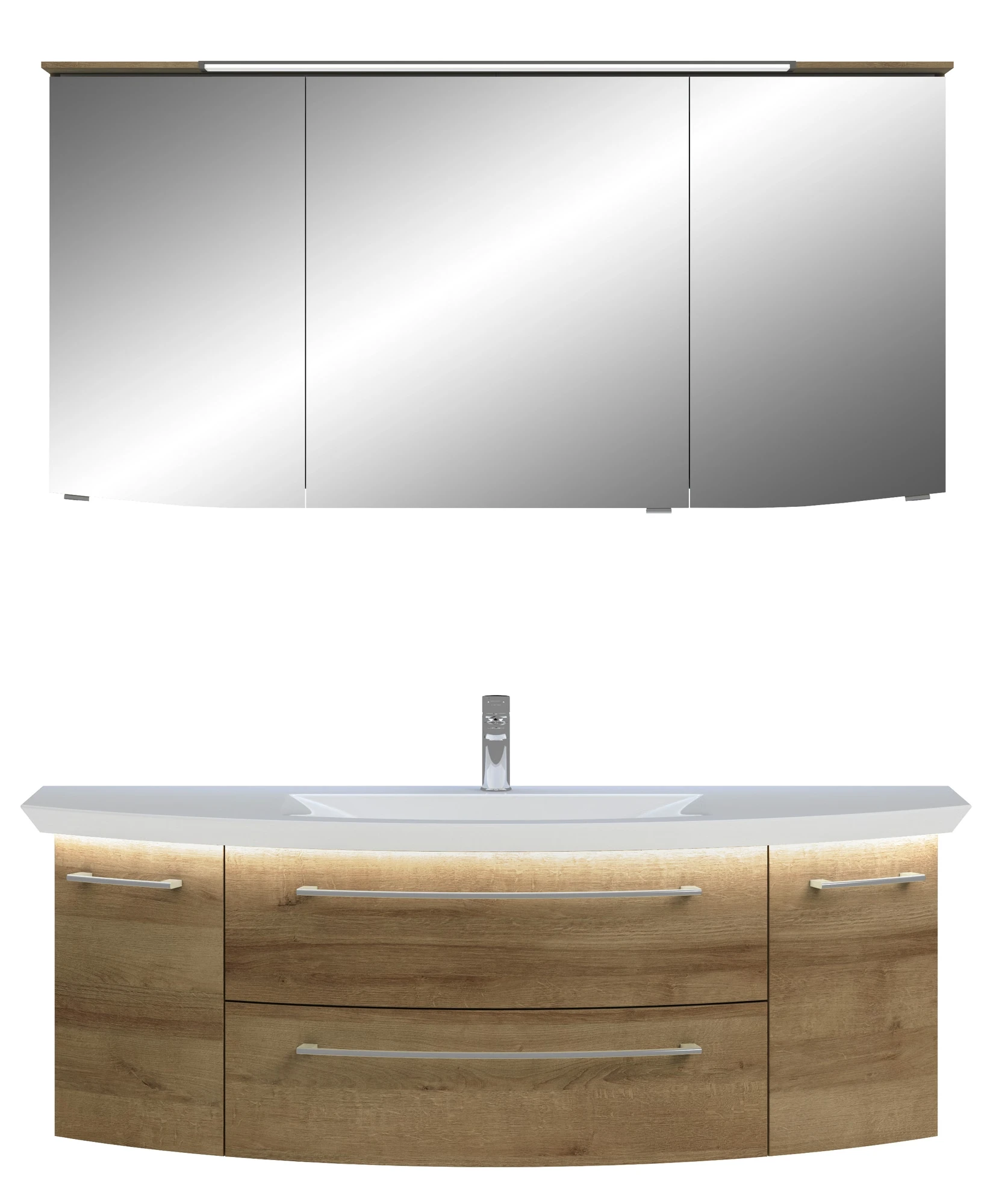 Pelipal Cassca Set in Riviera Eiche mit Mineralmarmorwaschtisch und Spiegelschrank - 140 cm